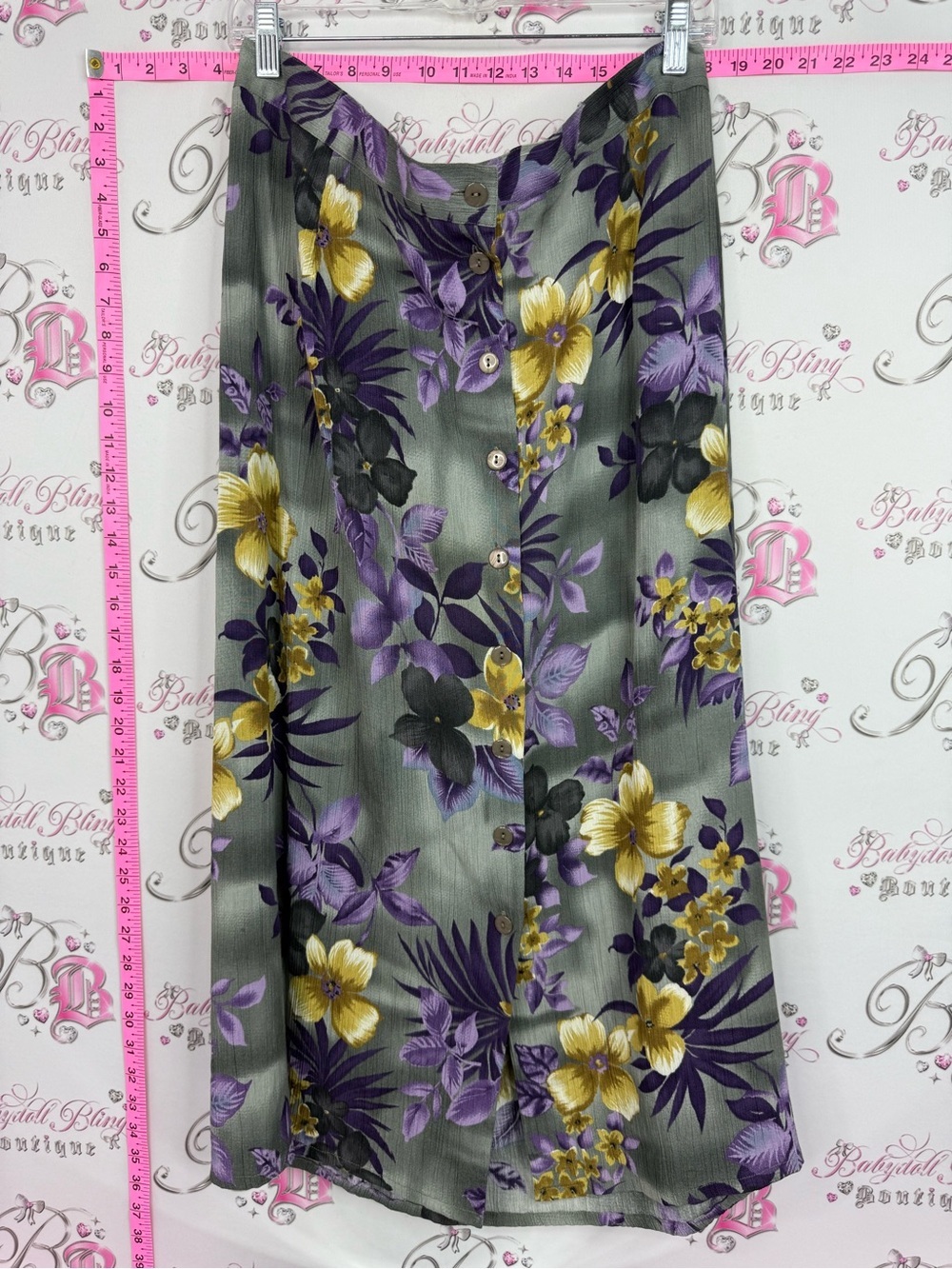 TanJay skirt vintage Gray Midi Skirt with Purple & Yellow Floral Print tiki